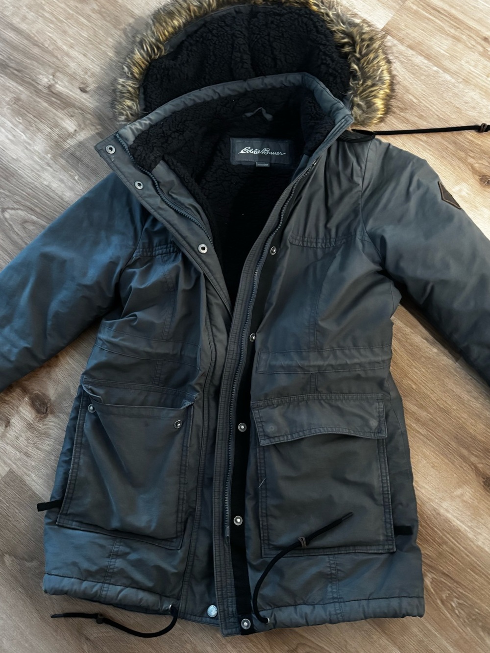 Eddie Bauer Black Hooded Parka with Faux-Fur Trim